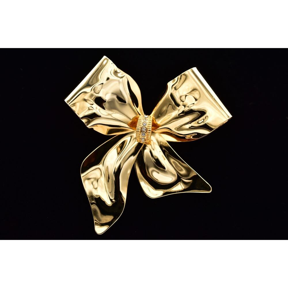 Vintage Chunky Big Bow Pin Brooch High Polished Gold Tone Large 80s 1980s BinBP